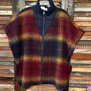 CLEAR OUT! Plaid Poncho Fall Color with Zipper and Puffer neckline